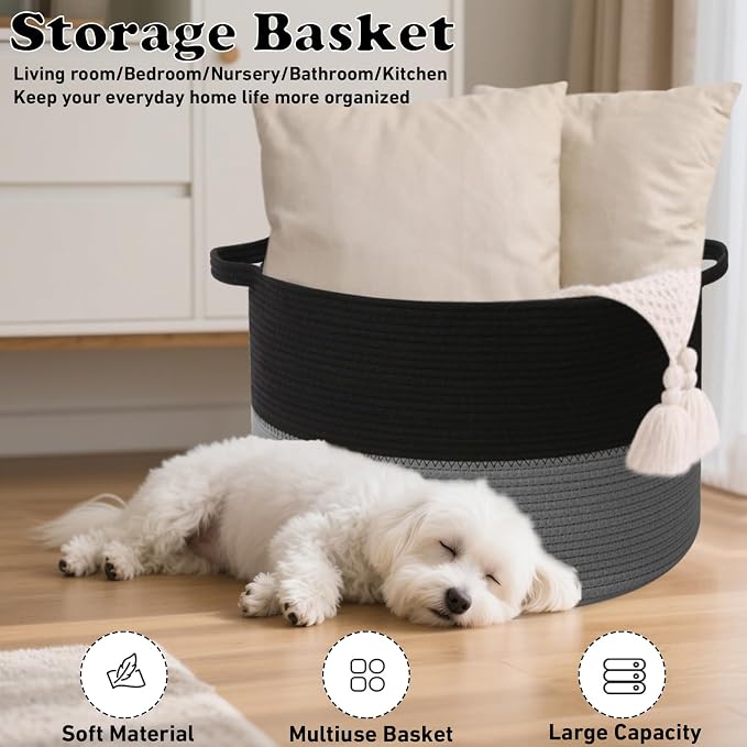90L Extra Large Blanket Basket,Woven Laundry Basket-Black&Dark Grey | Collapsible, reinforced handles, nursery storage bin organizes clothes, toys and pillows for living room, bedroom bathroom