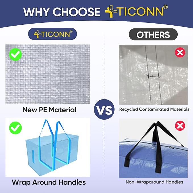 TICONN 4 Pack Extra Large Moving Bags Heavy Duty with Zippers & Carrying Handles, Durable Storage Bags Moving Boxes for Closet Organizers and Storage (4 Pack, Sky Blue)