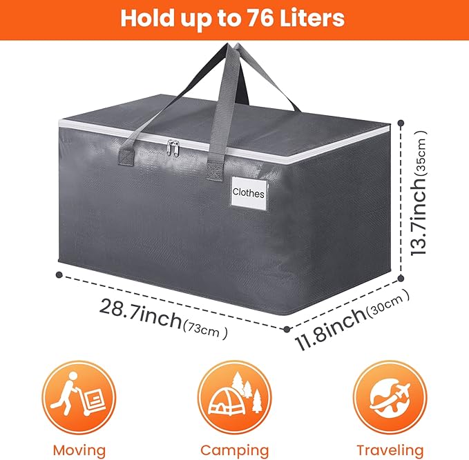 BlissTotes Large Moving Bags, Storage Bags, 76L-4 Pack | Moving Bags with Zipper, Handles Moving Supplies with lids, Heavy Duty Totes for Storage Bags, Space Saving, Moving Totes