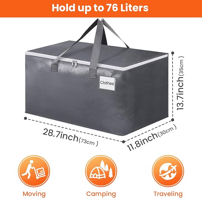 BlissTotes Large Moving Bags, Storage Bags, 76L-6 Pack | Moving Bags with Zipper, Handles Moving Supplies with lids, Heavy Duty Totes for Storage Bags, Space Saving, Moving Totes