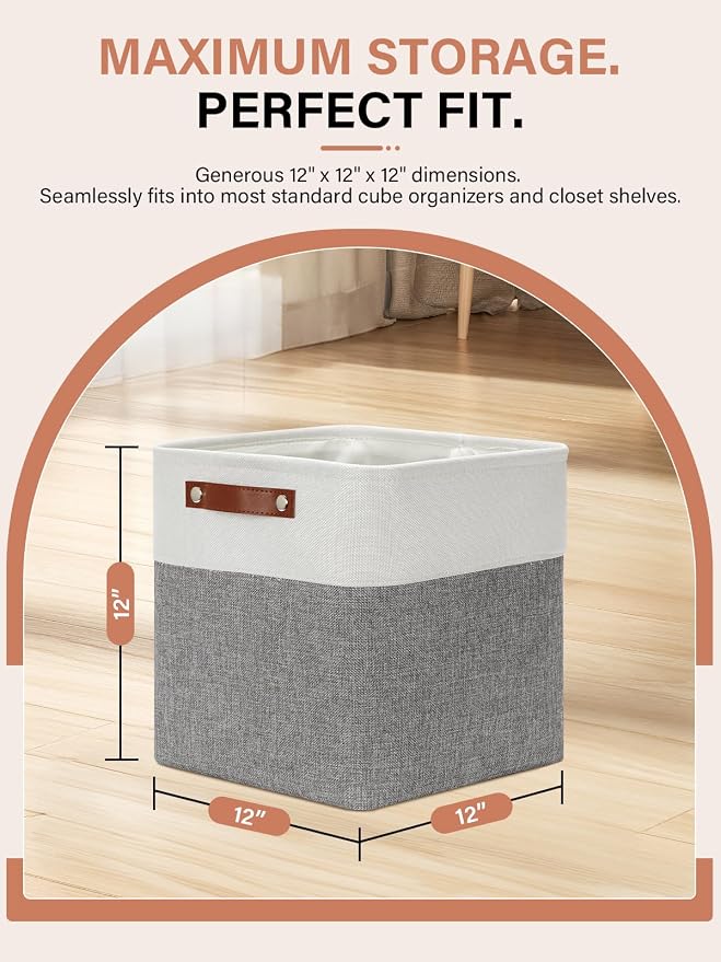 DULLEMELO [Set of 4 Storage Cubes Baskets for Organizing, 12 x 12 x 12 inch Cube Storage Organizer Bins with Leather Handles, Foldable Fabric Cloth Bins for Cube Storage(4 Pack - 12" White&Grey)