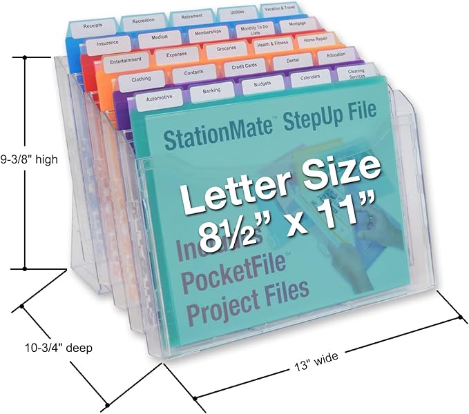 Ultimate Office StationMate Desktop Organizer + 25 5th-Cut PocketFiles | Project manager and file sorter for office or home; incline design puts all files in clear view; clear poly pockets