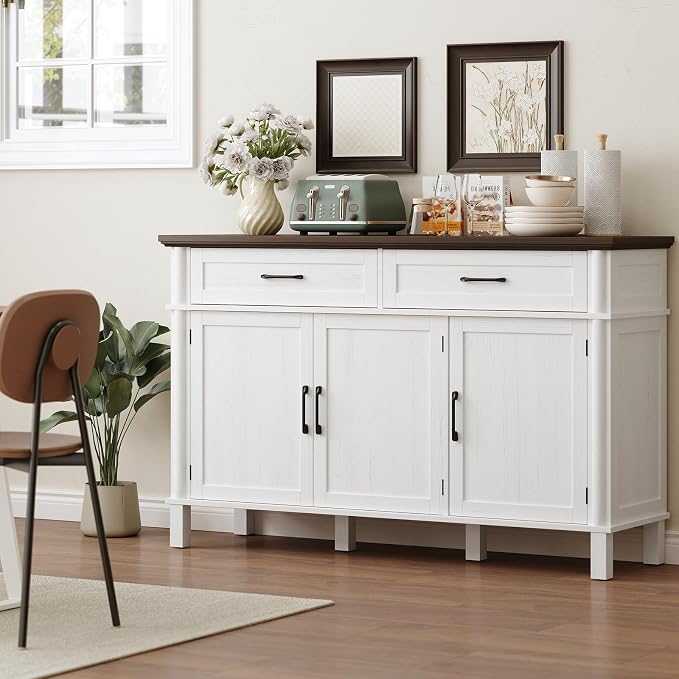 55 Inch Buffet Cabinet with Storage, Farmhouse Sideboard Buffet w/2 Drawers and 3 Doors, Wood Coffee Bar Cabinet with Adjustable Shelves, Sideboard Storage for Kitchen, Living Room, Off White