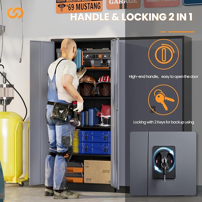 Metal Garage Storage Cabinets with Lock, 72" Tall Tool Cabinet with 2 Door and 4 Adjustable Shelves, Locking Garage Cabinets and Lockable Steel Locker for Home Office Warehouse-(Black Gray-72”H)
