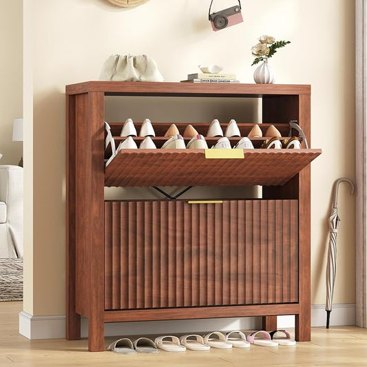 Fluted Shoe Cabinet Storage with 2 Flip Drawers for Entryway, Hallway | Narrow Shoe Rack Freestanding Shoe Organizer with Legs for Entryway，Hallway, Red Walnut