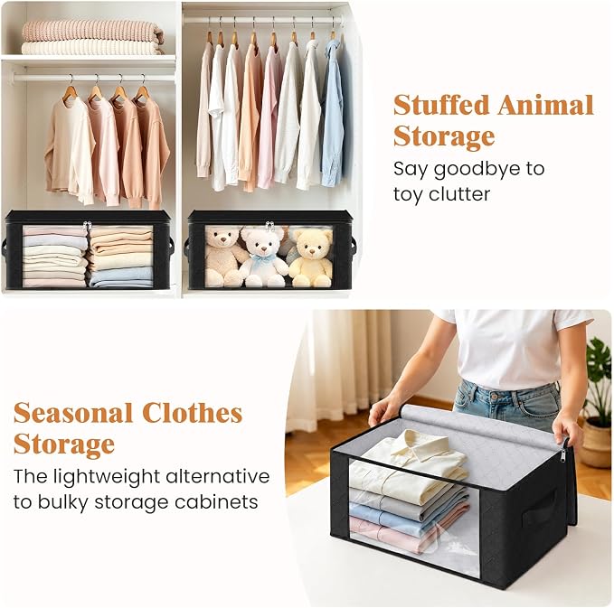 Fab totes 35L Closet Organizers and Storage, Foldable Under Bed Storage Containers, Storage bags for Organizing Bedroom, Closet, Clothing,Organization with Handle (8 Pack,Black)