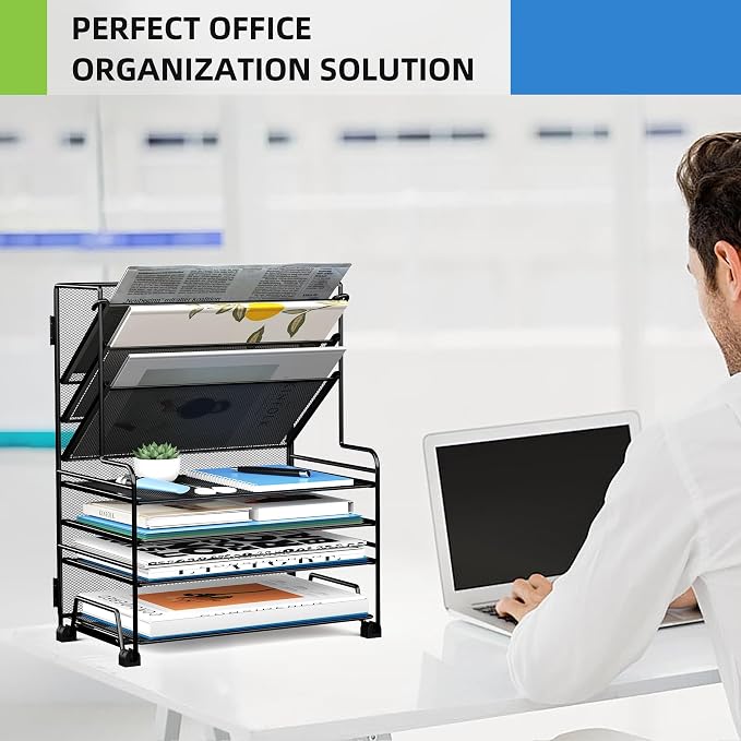MINDEPOT 4-Tier Paper Organizer + 3-Pocket File Holder + Drawer + Pen Holders, Desktop File Organizers Paper Tray for Office Supplies School Classroom Organization (Black, No Drawer & Pen Holder)