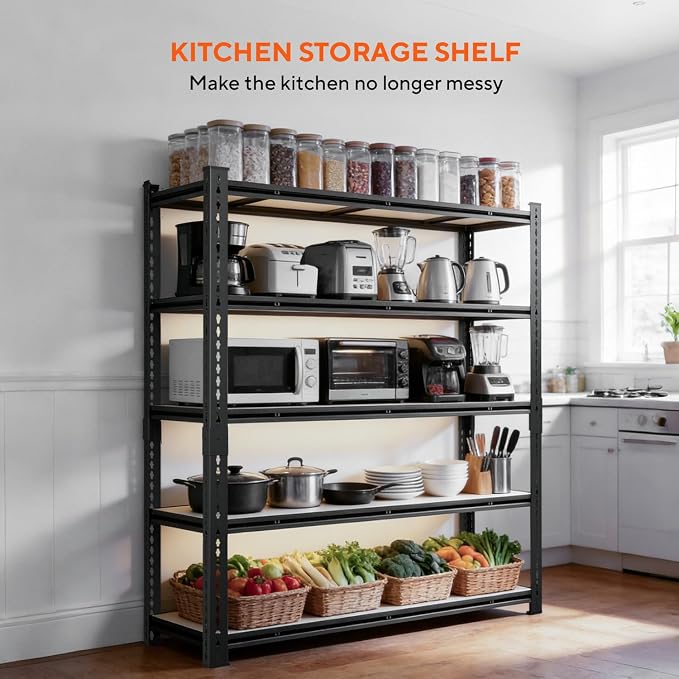 5 Tier Garage Shelving, Adjustable Heavy Duty Garage Shelves | 72 "H Metal Storage Shelves Unit for Basement,Warehouse,Pantry Kitchen
