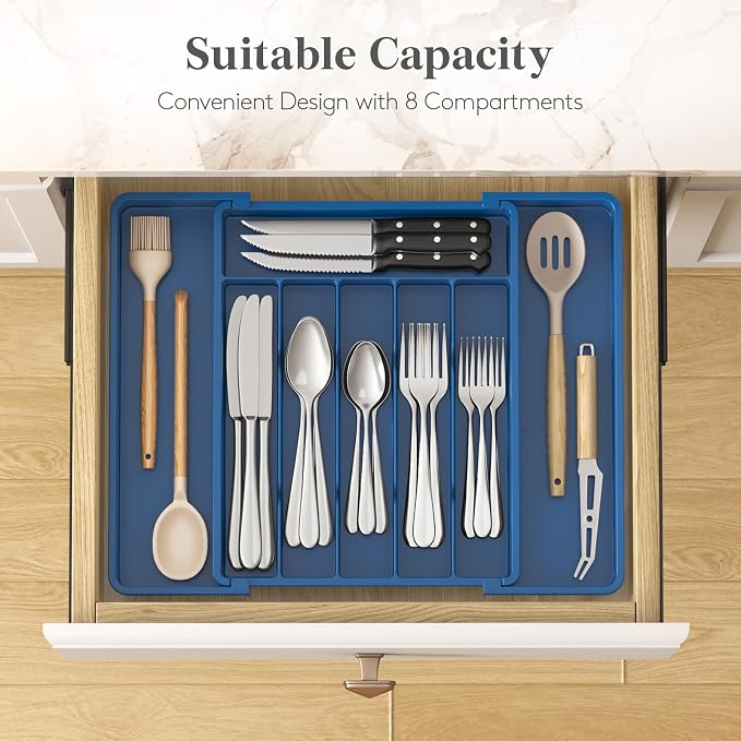 Lifewit Silverware Drawer Organizer, Expandable Utensil Tray for Kitchen, BPA Free Flatware and Cutlery Holder, Adjustable Plastic Storage for Spoons Forks Knives, 10.9"-17.5" x 13.7", Dark Blue