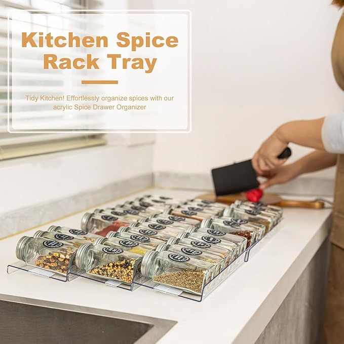 10-Pack Adjustable Spice Drawer Organizer, Expandable Seasoning Rack Tray (13" to 26"), Acrylic Insert with Anti-Slip Mat for Kitchen Cabinet (Jars Not Included)