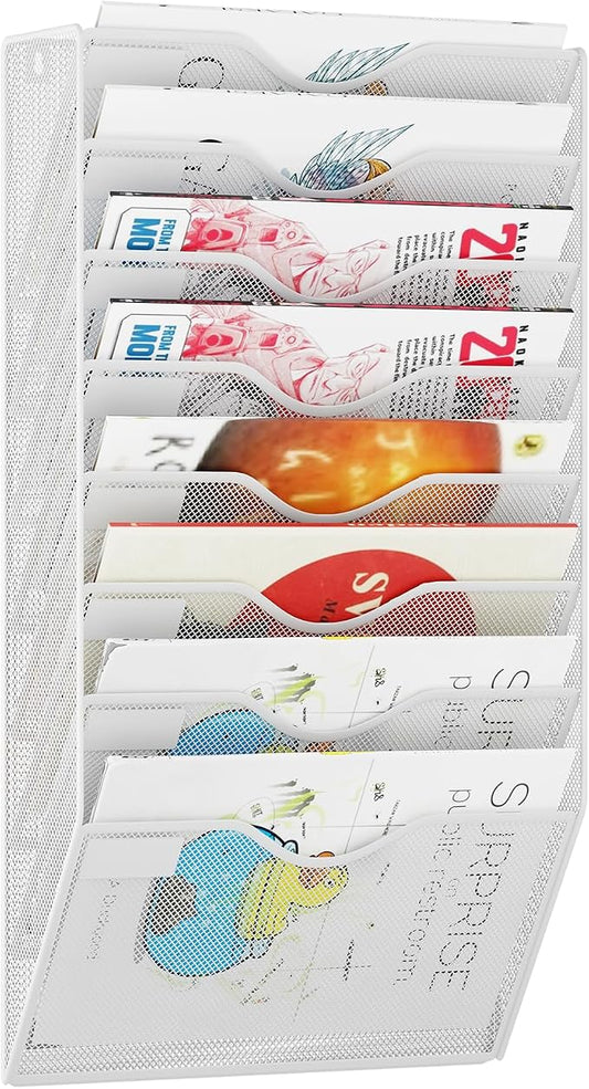 8 Pockets Mesh Hanging Wall File Holder Organizer Wall Mounted Paper Magazine Rack, White
