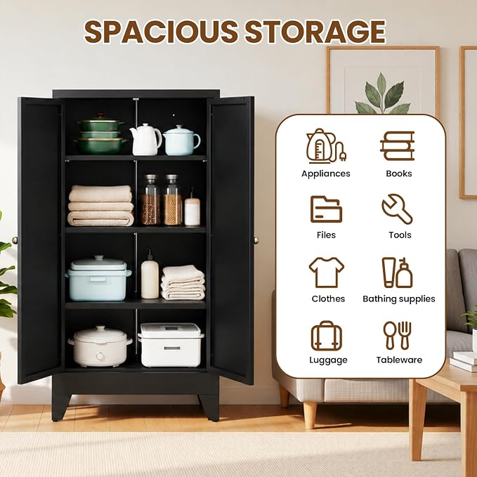 Metal Pantry Cabinet, 47" Kitchen Pantry Cabinet with 2 Doors and 3 Adjustable Shelves, Black Steel Storage Cupboard for Dining, Office, Living Room, Bathroom