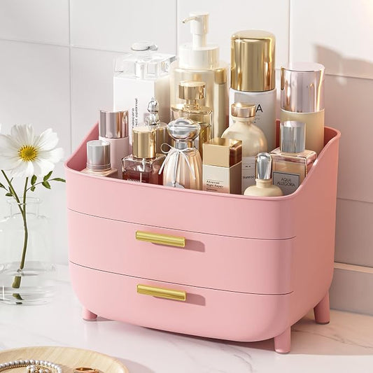 Vtopmart 3-Tier Skincare Makeup Organizer, Pink | With Drawers, For Vanity and Bathroom Countertop, Large Cosmetic Storage Box Case for Dresser, With Non-Slip Base