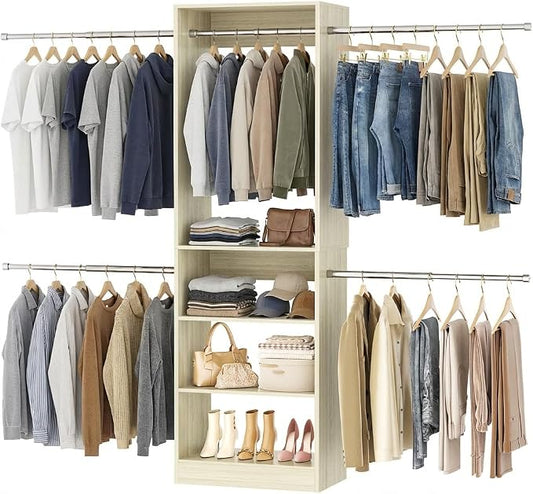 Closet System, 4.5-11.5 Ft Expandable Closet Organizer, Light Oak | 5 Hanging Rods, Walk-in Wood Closet Organizer System with Storage Tower, Heavy Duty Garment Rack Wardrobe for Bedroom