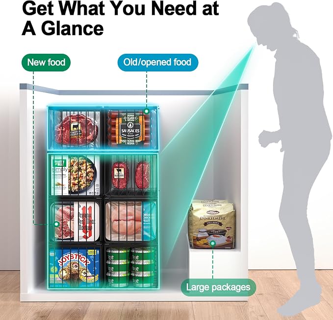 MSERCUOR Freezer Organizer Bins, 6 Pack Stackable Deep Chest Freezer Organizer Bins, Foldable Baskets with Handles, Black Storage Container Baskets for 5/ 7 Cu.FT Deep Freezer Sort Frozen Meats