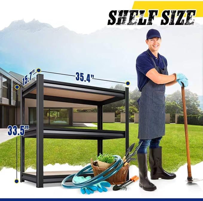 4-Pack Heavy Duty Metal Garage Shelving Unit 33" H x 35" W x 16" D, 3-Tier Adjustable Steel Storage Shelves, Tool-Free Assembly, Powder-Coated Finish, Rust-Resistant, Multi-Space Organizer Black