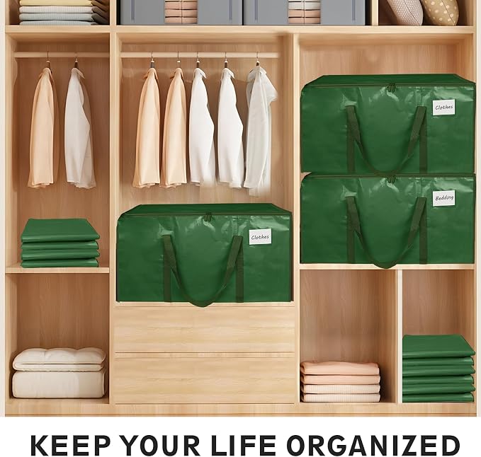 6 Pack-Extra Large Heavy Duty Moving Bags - Waterproof Storage Totes with Handles & Zippers, Foldable for College Dorm, Storage (olive green)