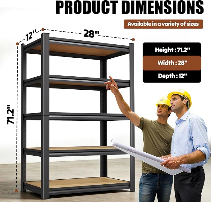 2-Pack 71.2''H Storage Shelves, Wood Garage Shelving,Adjustable Heavy Duty Shelving Unit,5T Tall Garage Shelves，Wood Metal Standing Shelf Units,Utility Rack for Kitchen 71.2''H*28''W*12''D