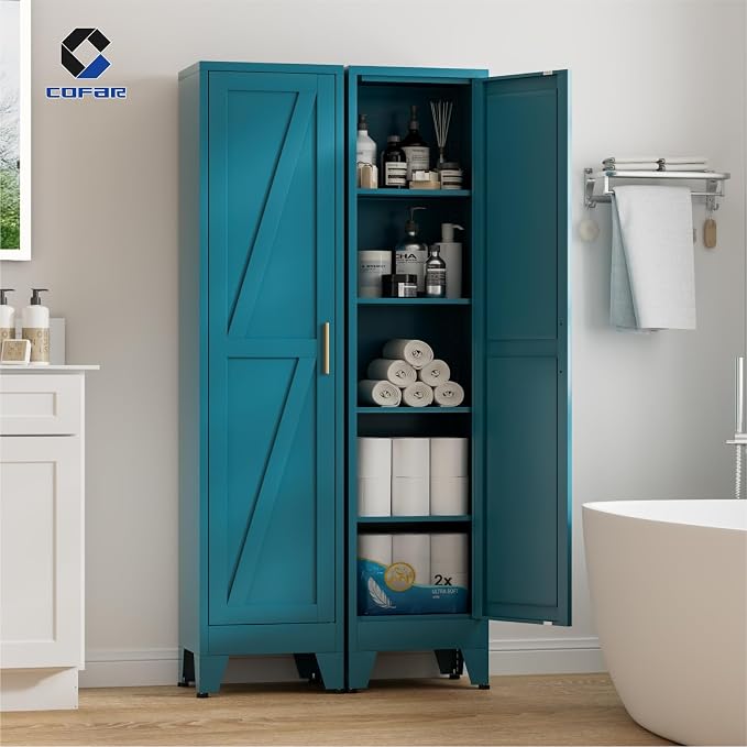 COFaR 67'' Tall Slim Bathroom Storage Cabinet, Metal Narrow Pantry Cabinet with 4 Adjustable Shelves and One Door, Skinny Cabinet Storage for Kitchen Laundry, Peacock Blue Farmhouse 5 Tiers