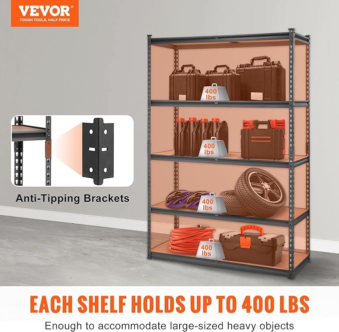 VEVOR Storage Shelves 5-Tier Adjustable 2000 lbs 48"x18"x72" Shelving Unit | Heavy Duty Garage Storage Metal Utility Rack Shelf for Kitchen, Pantry, Basement, Bathroom, Laundry, Living Room, Warehouse