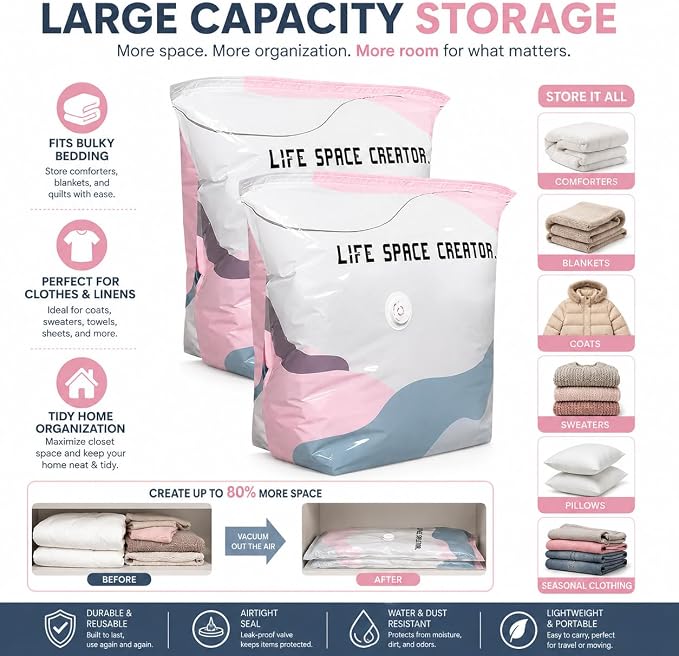 No-Pump Vacuum Storage Bags, 2026 New Space Saver Compression Bags for Clothes, Portable Large Cube Storage Bags for Comforters, Blankets, Bedding and Seasonal Items (19.6 * 27.5in, 4)