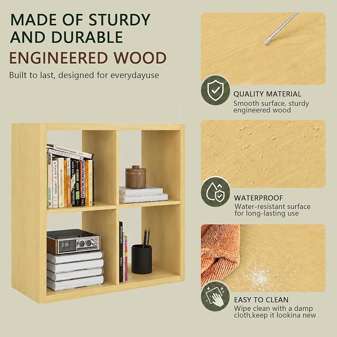 CTESNE【Wooden 4 Cube Storage Organizer Shelf with Anti-Tipping Kits, Horizontal and Vertical Dual-use Standing Open Bookshelf（Oak 13in）