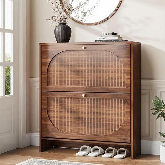 Nicetree Arch-Chic Shoe Cabinet for Entryway, Modern Mid-Century Shoe Storage Cabinet with Fluted, Narrow Shoe Rack with Adjustable Shelves & Tipping Protection, Fits Size 12 Shoes,Luminous Walnut