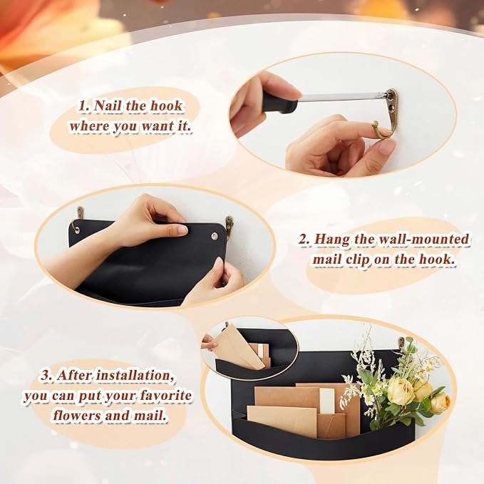 2 Set PU Leather Mail Holder Wall Mount 12.2x10.24 Inch Leather Letter Holder 2 Ring Binder Hanging Wall File Organizer Mail Sorter for Decor Storage Letter Postcard Flower Home Office(Black)