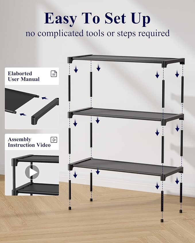 Kitsure Shoe Rack - Non-Woven Shoe Rack Shelf, 27.5" Wide - 3 Tier, Black | Shoe Organizer for Closet, Entryway, Garage, Stackable Shoe Shelves, college dorm&apartment essentials