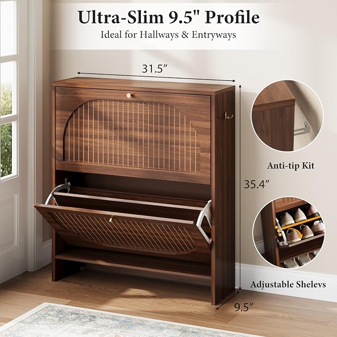 Nicetree Arch-Chic Shoe Cabinet for Entryway, Modern Mid-Century Shoe Storage Cabinet with Fluted, Narrow Shoe Rack with Adjustable Shelves & Tipping Protection, Fits Size 12 Shoes,Luminous Walnut