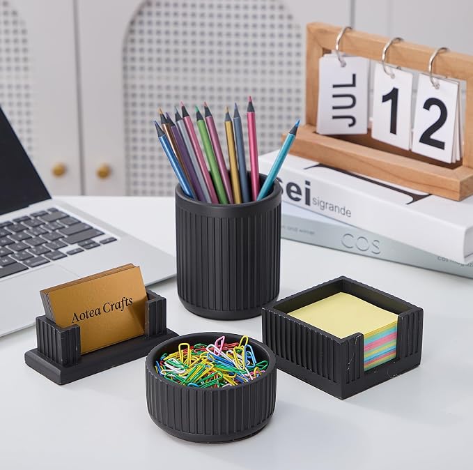 Set of 4 -Concrete Office Desk Accessories for Men-Modern Industrial Decor | Aesthetic Desk Organizers-Pen,Business Card,Sticky Note &Paper Clip Holders