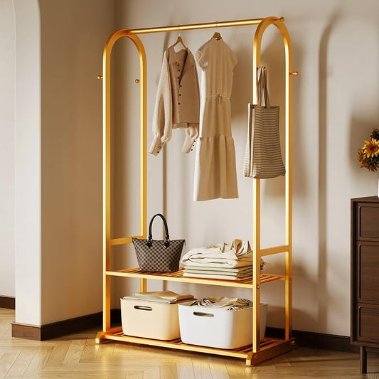 Gold clothing rack with bottom Storage shelves and 6 side hooks,Sturdy metal clothes rack for Hanging Clothes,Modern garment rack Wardrobe Rack for Bedroom or Boutique