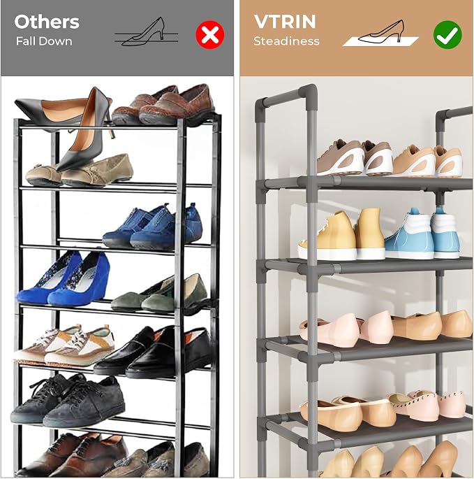 VTRIN 10 Tiers Tall Shoe Rack Holds 20-25 Pairs of Shoes Sturdy Vertical Shoe Organizer with 18pcs Hooks Stackable Narrow Shoe Rack for Closet, Entryway Grey