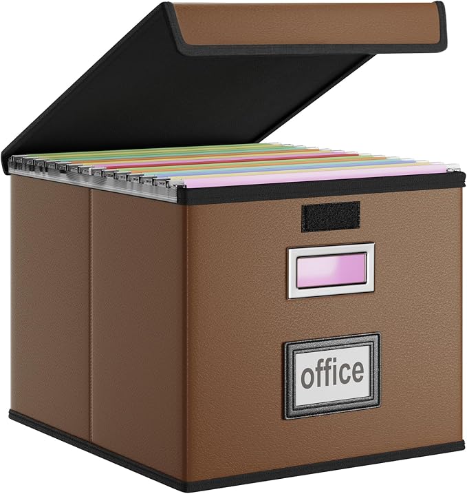 File Organizer Box with Lids, Collapsible File Folder Organizer | File Box with Plastic Slides for Document, Filing Bin for Letter Size Hanging File Folders (1 Pack, Brown, Leather)