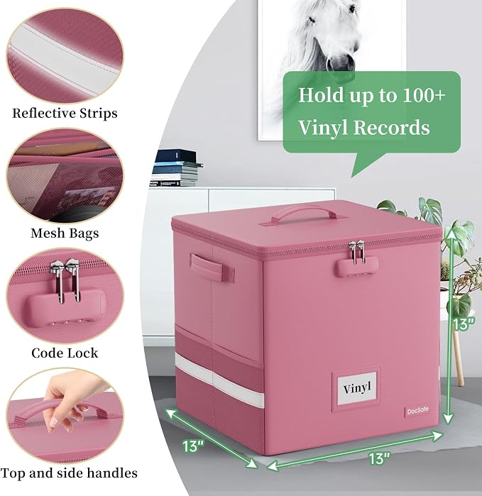 DocSafe Vinyl Record Storage Box with Lock, Fireproof＆Water Resistant Record Organizer for 100+ Single Records(12-inch), Collapsible Storage Crate with Lid&Handles for Valuable Album Collection,Pink
