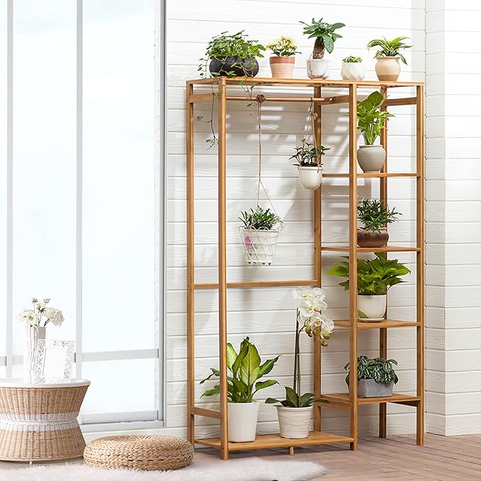 Jotsport Bamboo Clothing Rack with 6 Tier Storage Shelf & Hanging Rod | Portable Clothes Organizer Open Wardrobe Closet for Guest Room Kids Baby Bedroom Entryway