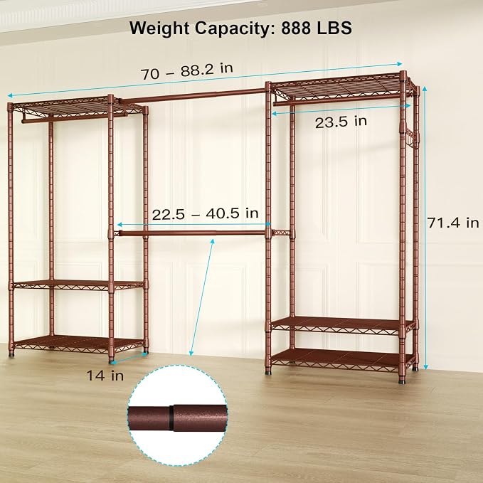 Ulif E1 Heavy Duty Closet Garment Rack, 6 Tiers Adjustable Metal Freestanding Expandable Clothing Storage with 4 Hanger Rods, Easy to Assemble Wardrobe, 71.4" H x (70" - 88.2") L x 14" D, Bronze