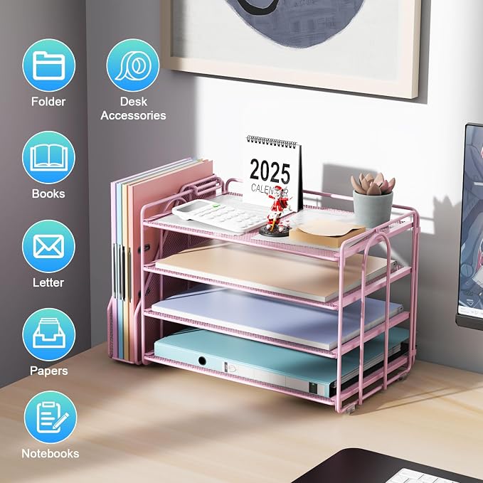 gianotter 4-Tier Paper Organizer With Magazine Holder, Desk Organizers and Accessories, Desk Accessories & Workspace Organizers, File Organizer for Office Supplies Storag (Pink, 4-Tier)