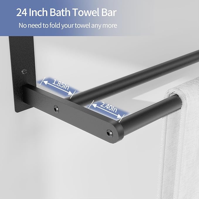 Bethom Bathroom Towel Rack with 2 Bars, 24 Inch Towel Shelf, Matte Black | 3-Tier Hotel Towel Racks for Bathroom Wall Mounted, Bath Towels Storage, Stainless Steel