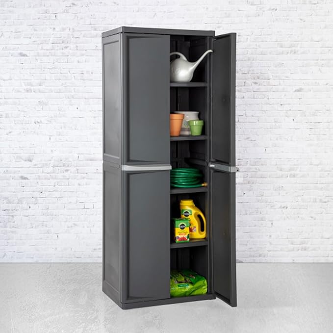 Sterilite 4 Shelf Cabinet, Lockable Utility Storage, Gray, 2-Pack | Adjustable Shelves - Plastic Shelving Unit for Organizing Garage, Pantry, Basement, Laundry Room or Mudroom