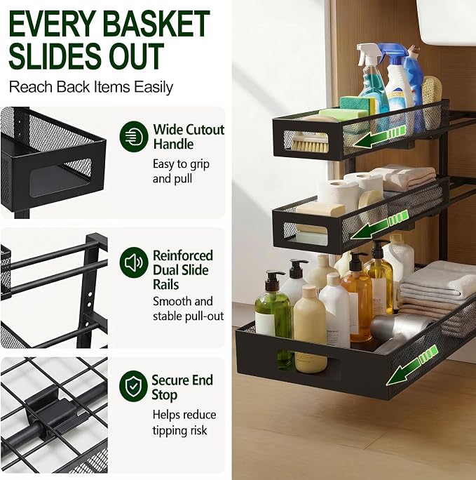 3 Tier Under Sink Organizer,1 Pack Pull Out Cabinet Shelves with Adjustable Height,Heavy Duty Carbon Steel L-Shaped Storage for Kitchen Bathroom Sink,Pantry & Laundry,Black