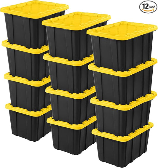 Sterilite Industrial Storage Tote with Lids for Garage, 27 Gallon, 12-Pack | Heavy-Duty and Stackable Utility Box Containers for Home, Office, and Basement Organization, Black/Yellow