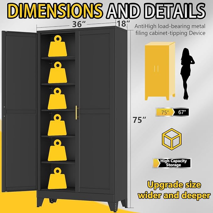 PAOFIN Metal Tall Storage Cabinet with 2 Doors and 5 Adjustable Shelves, 75" Metal Garage Storage Cabinets, File Cabinet,Steel Tool Cabinets for Home,Office,Garage,School,Warehouse (Black)