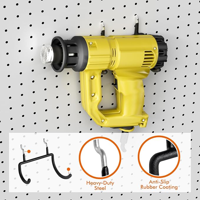 Utility Heavy Duty Pegboard Hooks, 8Pack Peg Board Power Tool Drill Holders | Fit 1/8" 1/4" Peg Holes, Double Arm Peg Board Bracket, Rubber Coated, Large Tool Organizer for Garage Workshop Shed Craftroom