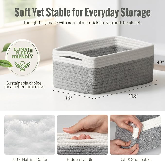 5 Pack Decorative Small Storage Baskets for Shelves, Cotton Rope Woven Basket for Organizing Bathroom, Nursery, Closet, Cabinet, Toys & Socks, Gift Baskets Empty, 11.8"x7.9"x4.7", Gray/White