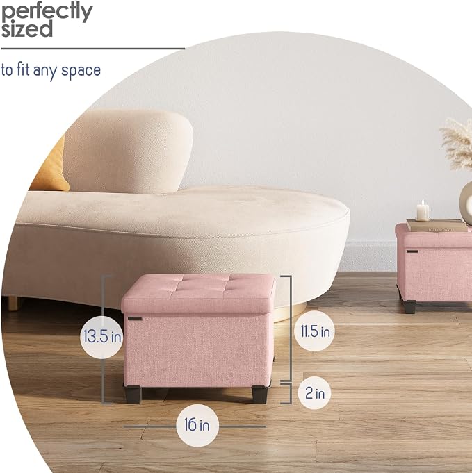 Storage Ottoman Cube with Small Bin, 16-in Square Ottoman with Storage for Living Room and Bedroom, Small Ottomans Foot Rest, Fabric Foot Stools Ottomans Max 330lbs, Pink