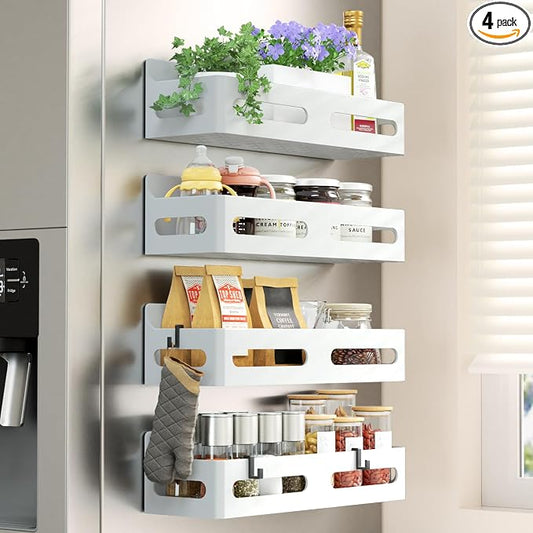 Sevenblue 4-Pack Magnetic Spice Rack for Refrigerator with Hooks, White | Strong multipurpose magnetic shelf for kitchen & bathroom organization. Includes 4 removable hooks for hanging items.
