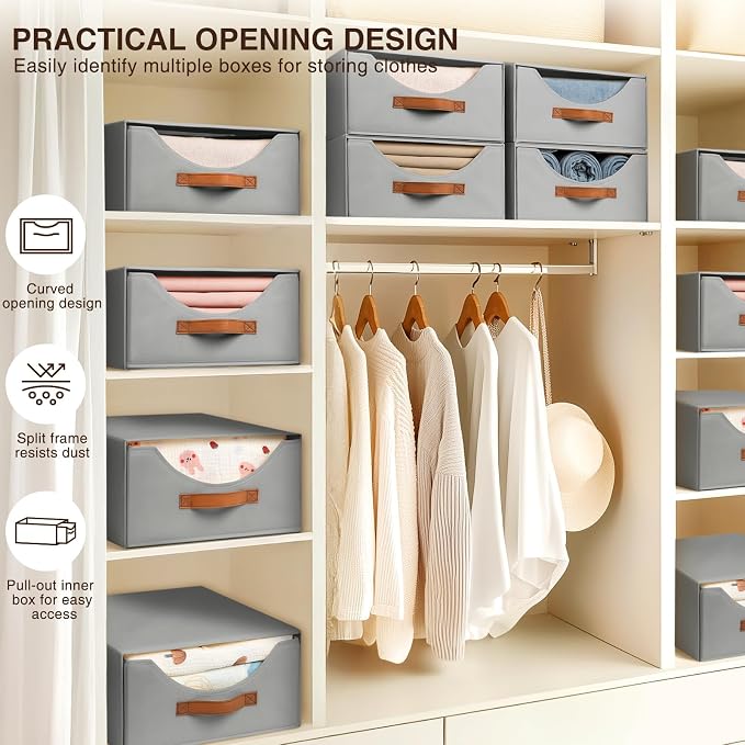 Homsorout Stackable Storage Drawers - Large Collapsible Storage Bins with Drawers, 8 Pack Closet Shelf Organizer Basket, Fabric Pull Out Organizer for Bedroom, Living Room, Dorm, Grey