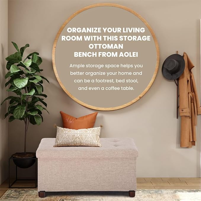 30 Inches Storage Ottoman Bench, Storage Bench with Wooden Legs for Living Room Ottoman Foot Rest Removeable Lid for Bedroom End of Bed, Linen Fabric, Folding Beige Ottoman