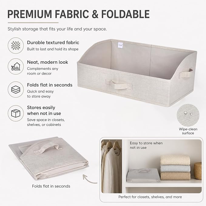 WUIKE Trapezoid Storage Bins for Closet Organizers and Storage, Fabric Closet Bins with Handles, Foldable Storage Baskets for Clothes, Purse, Blanket, Line Beige, Extra Large, 3-Pack